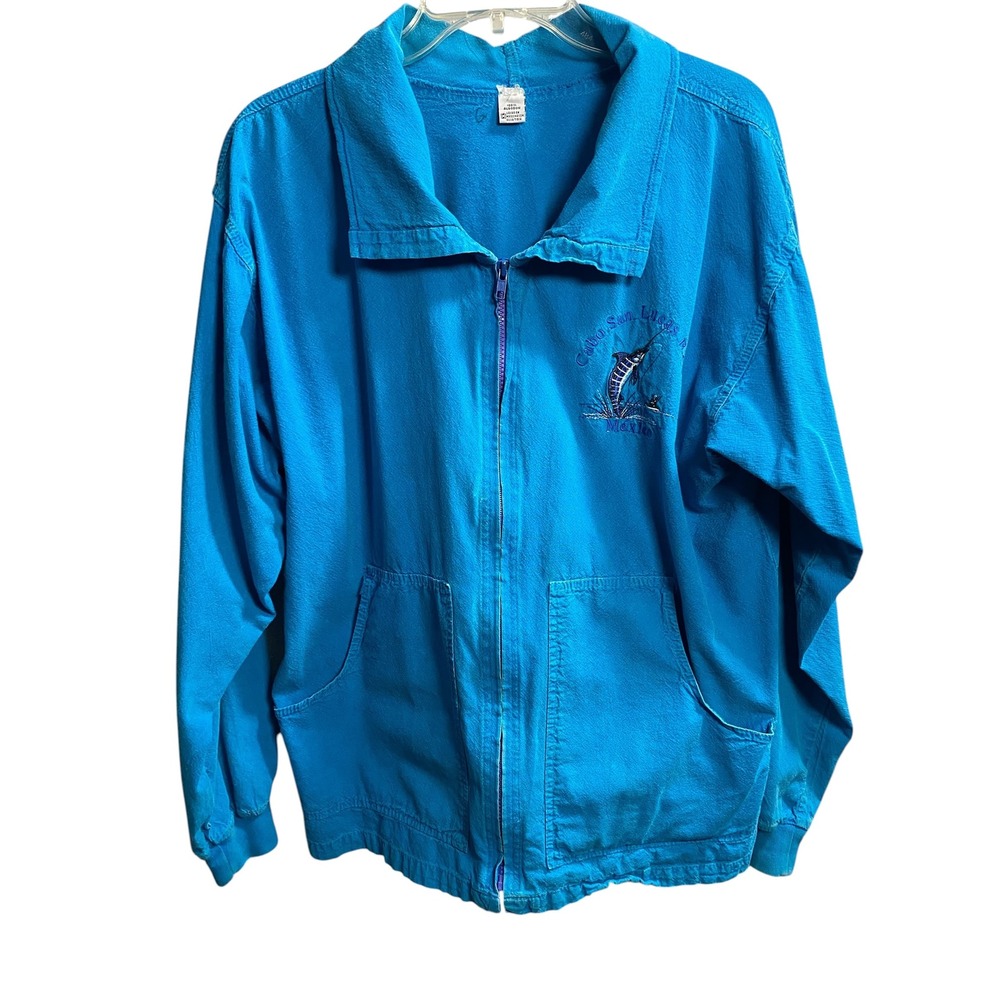 Vintage Cabo San Lucas Mexico Marlin Embroidery Full Zip Cotton Jacket Blue L